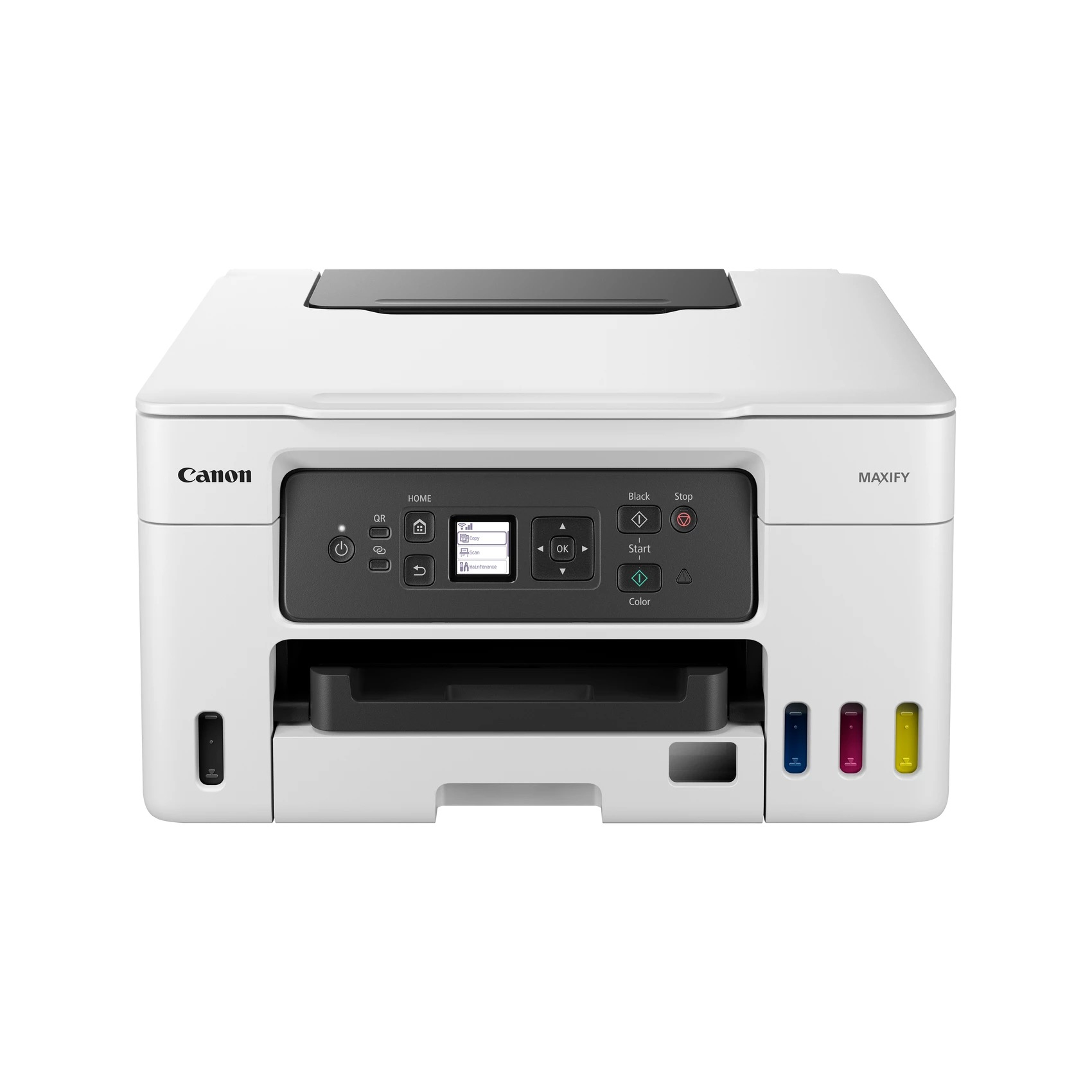 Ein weißer Canon MAXIFY Drucker. Er hat ein Bedienfeld und mehrere Tintenpatronen.