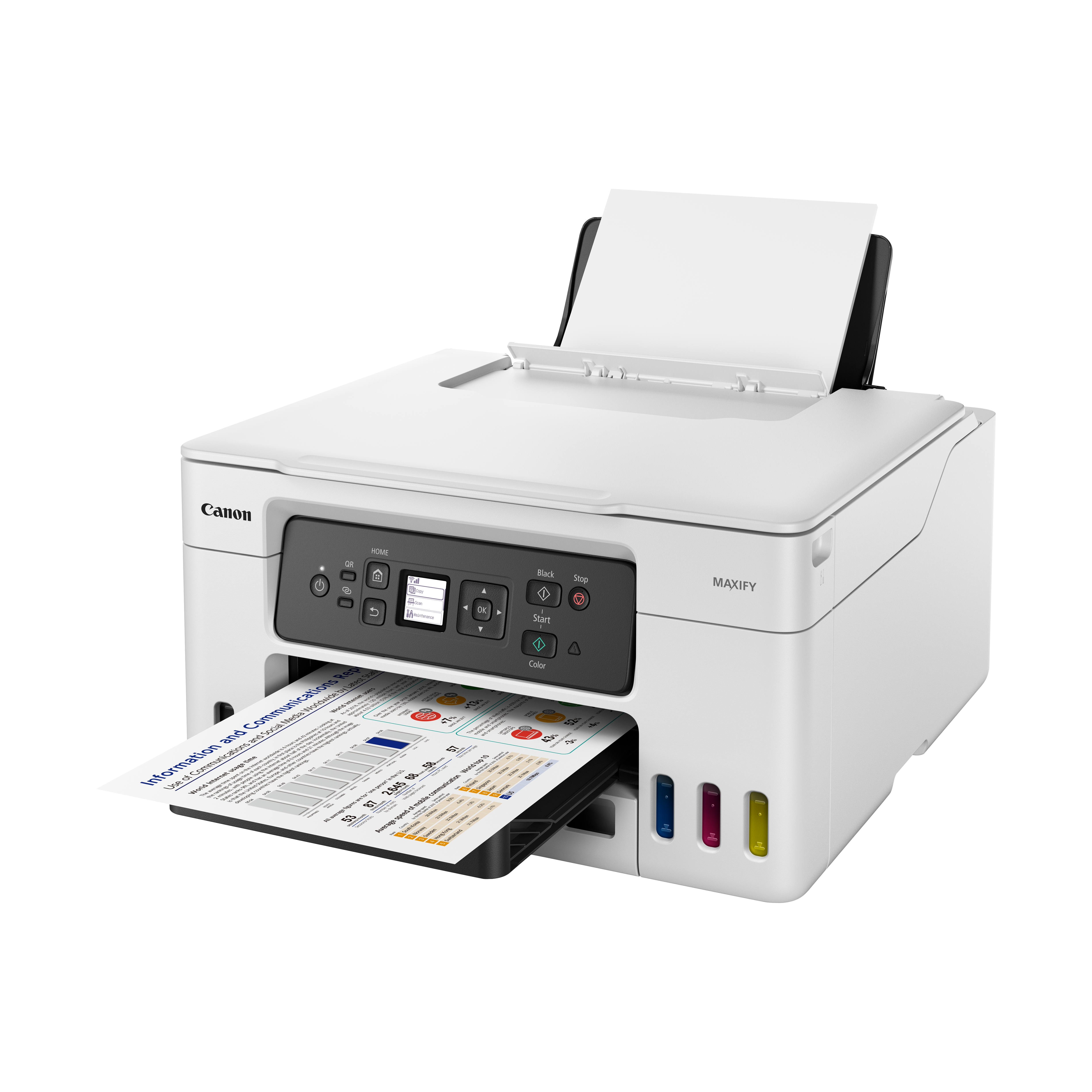 Ein weißer Canon-Drucker mit Papierausgabefach und Tintenpatronen.