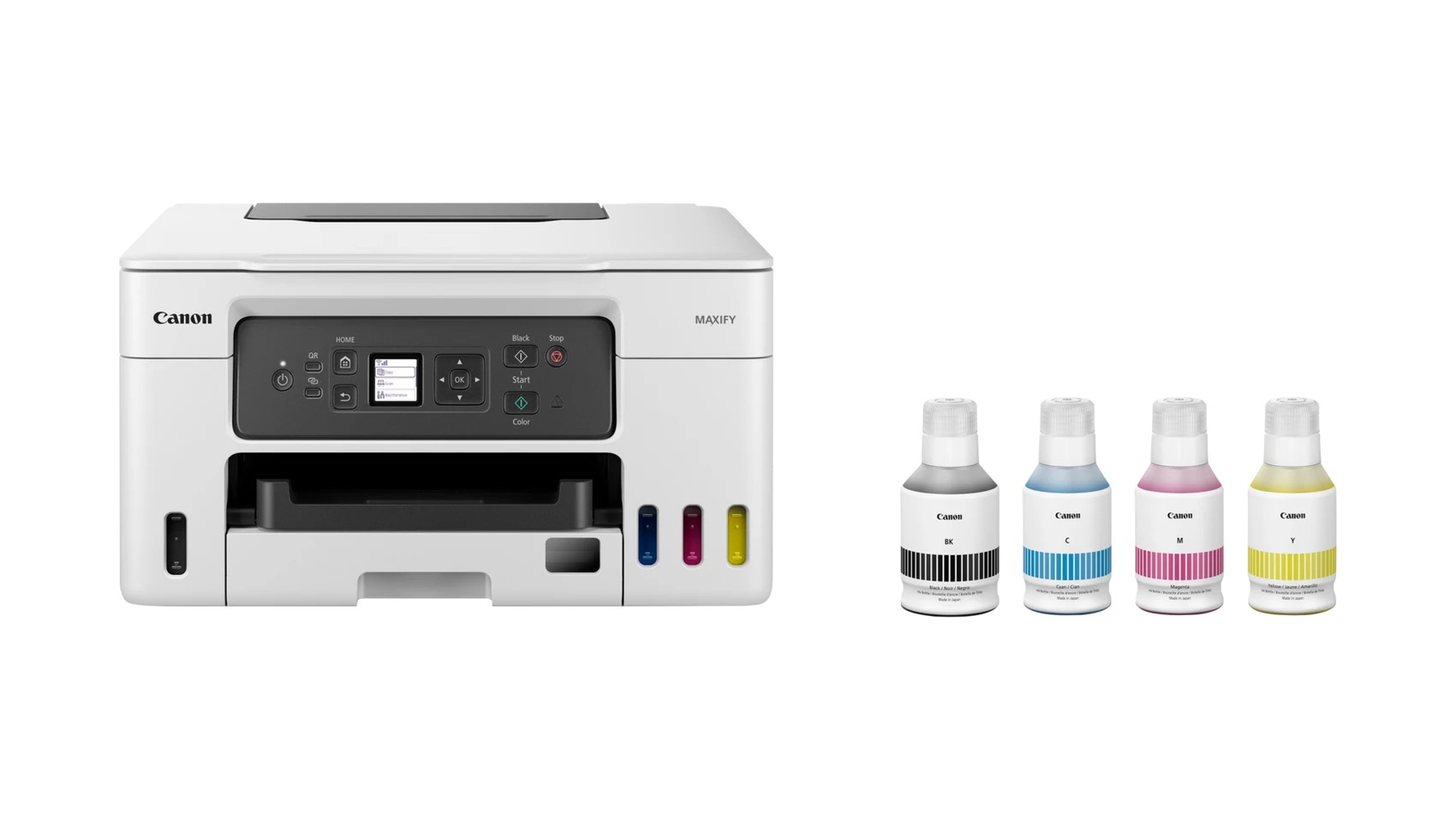 Canon MAXIFY Drucker mit Tintenflaschen. Weißer Drucker und vier Tintenflaschen.