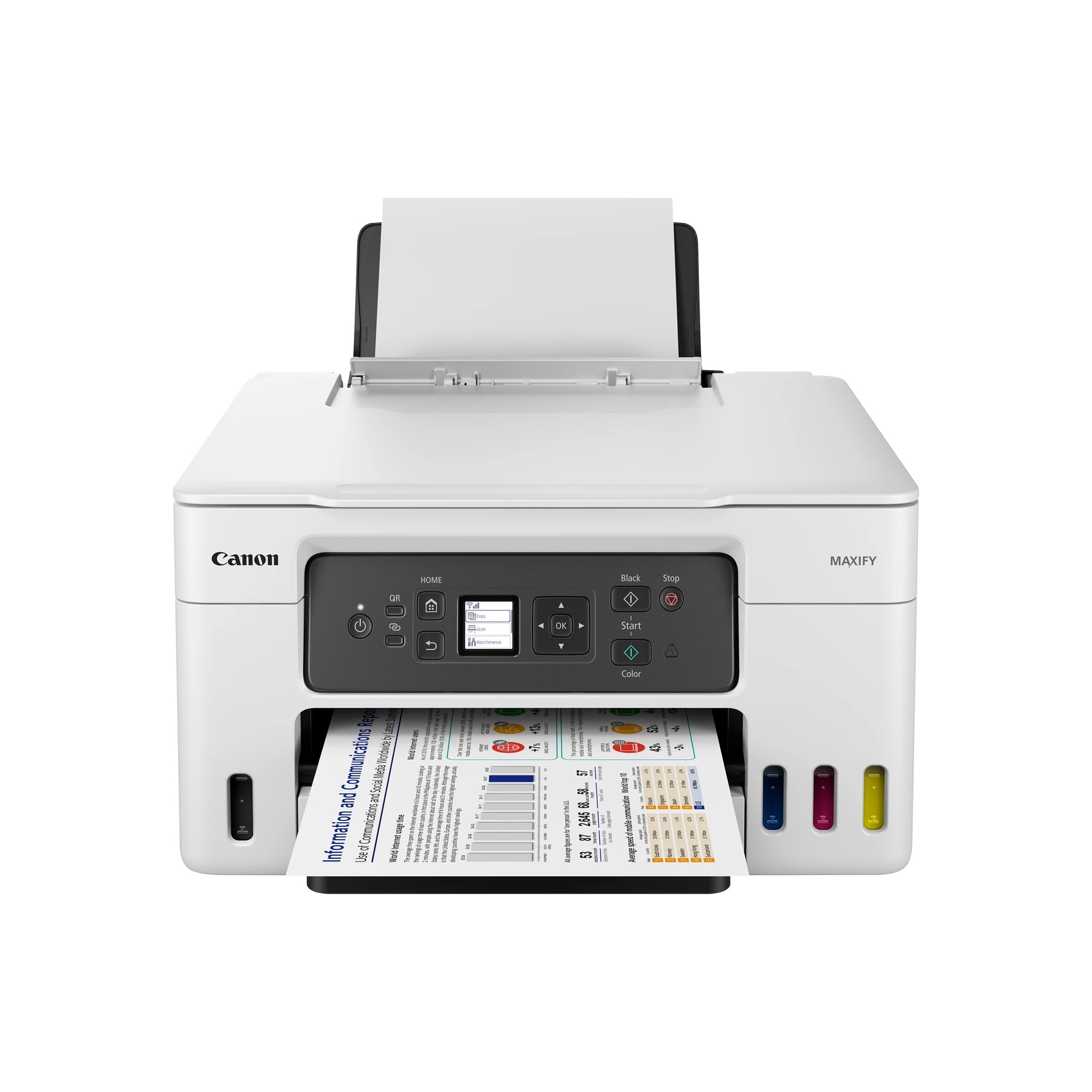 Canon MAXIFY Drucker mit Papierausgabe und Tintenbehältern sichtbar.