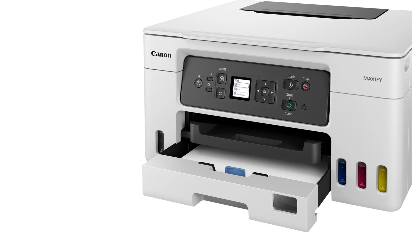 Canon MAXIFY Drucker, offen. Das Papierfach ist herausgezogen.