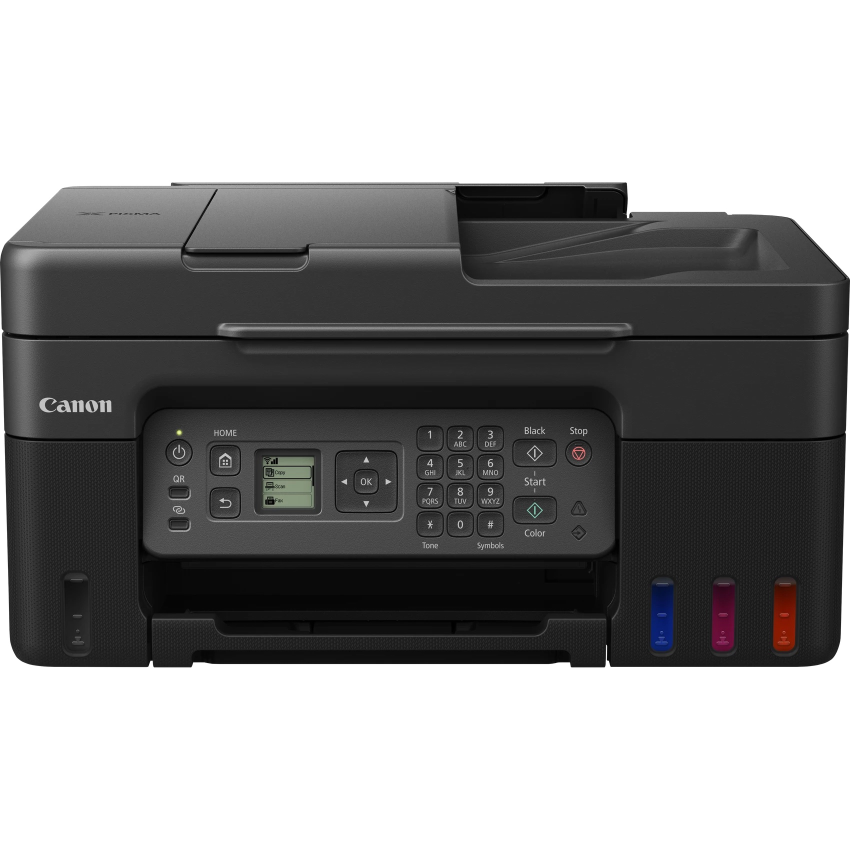 Schwarzer Canon-Drucker, Draufsicht, mit Bedienfeld und Tintenpatronen.