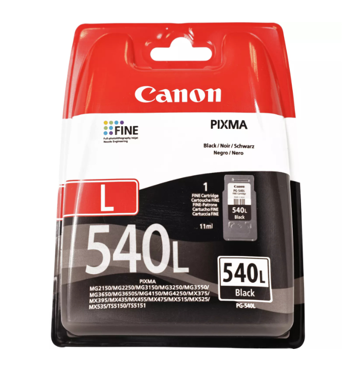 Canon zwarte inktcartridge doos. Tekst op de doos: 540L Black, FINE, PIXMA.