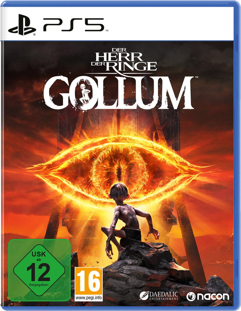Spielbox für Der Herr der Ringe: Gollum. Es zeigt Gollum, der ein feuriges Auge betrachtet.