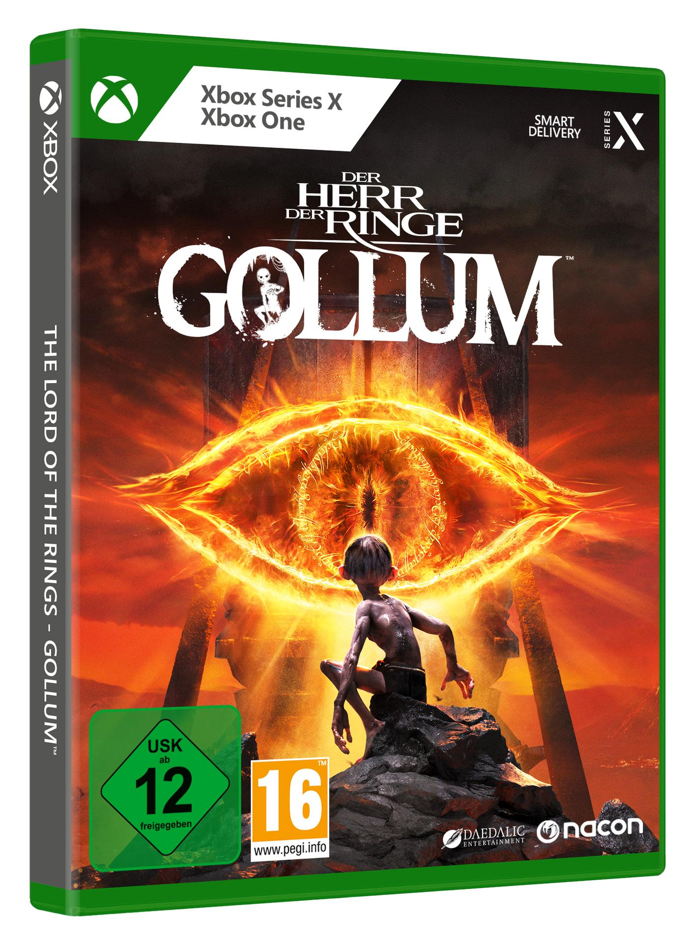 Spielbox-Art: Gollum, Figur sitzt auf Felsen, orangefarbenes Auge, feuriger Hintergrund.