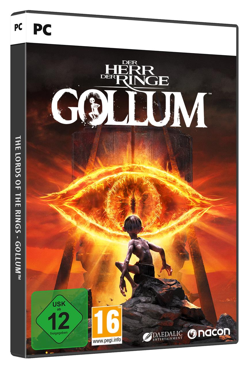 The Lord of the Rings: Gollum PC-Spielbox. Bild von Gollum und einem feurigen Auge. Schwarz-weißer Hintergrund.