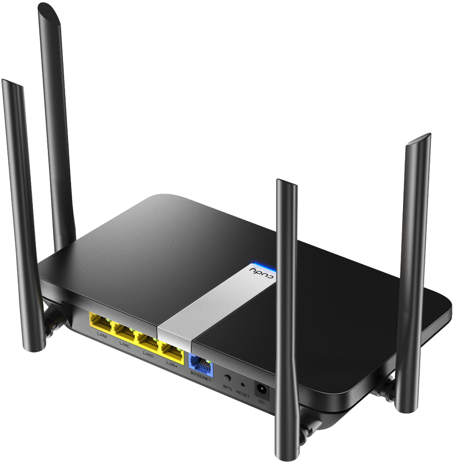 Egy fekete router négy antennával és LAN, WAN és internet csatlakozókkal.