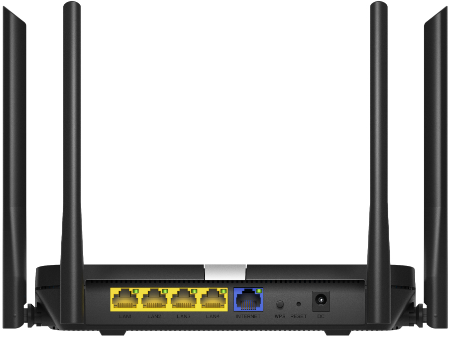 Egy fekete router hátulnézete, több antennával és porttal. A háttér sima fehér.