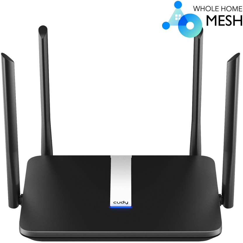 Fekete Cudy router négy antennával fehér háttér előtt.