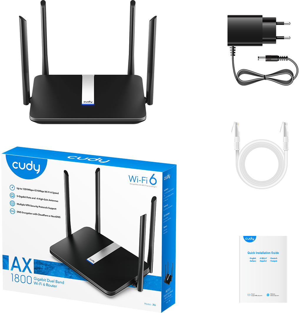 Egy fekete router négy antennával, és egy doboz, ami tartalmazza. Tartozik hozzá egy töltő és egy kábel is.