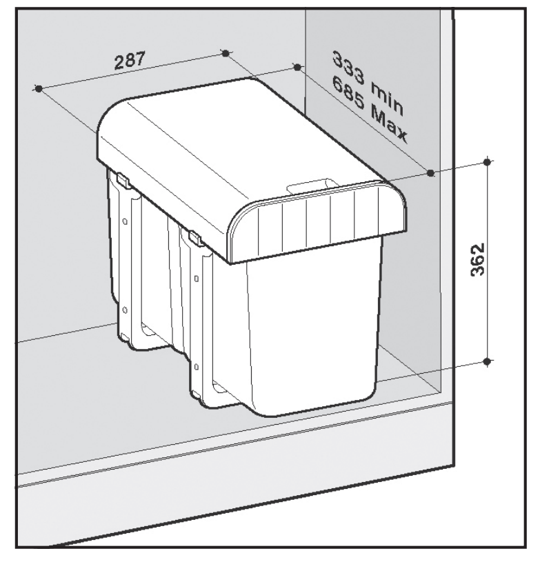 Egy szemeteskuka méretekkel. A szemeteskuka egy szekrényben van.