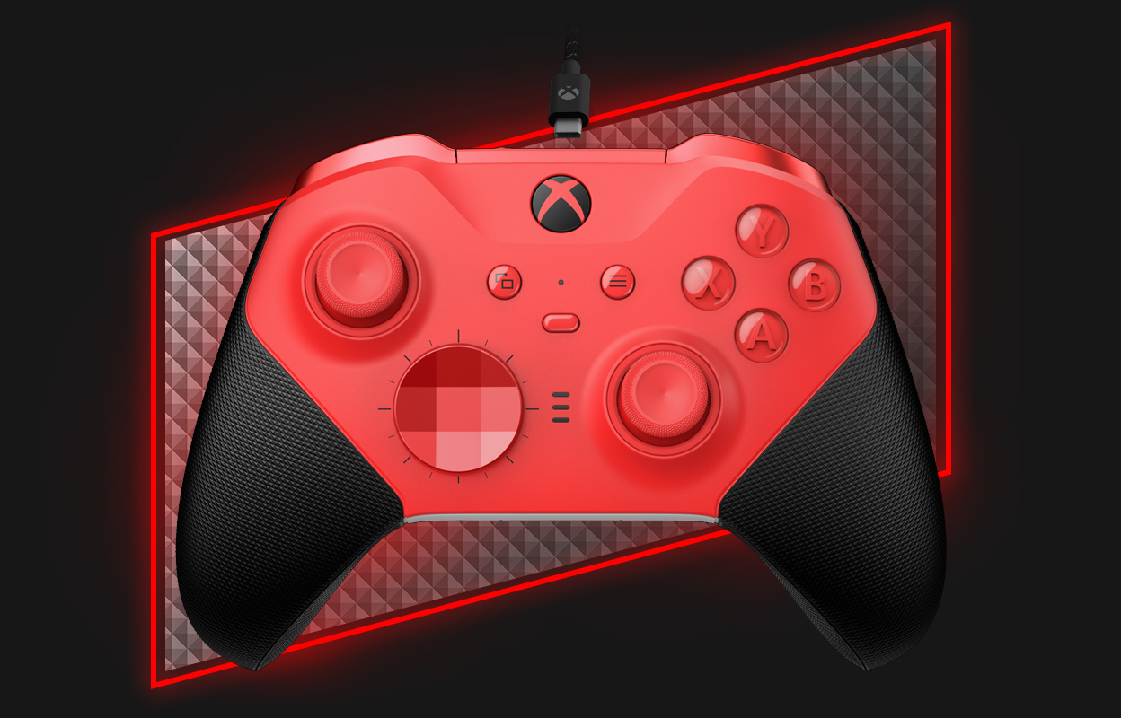 Ein roter Xbox-Controller mit schwarzen Griffen und einem roten geometrischen Design.