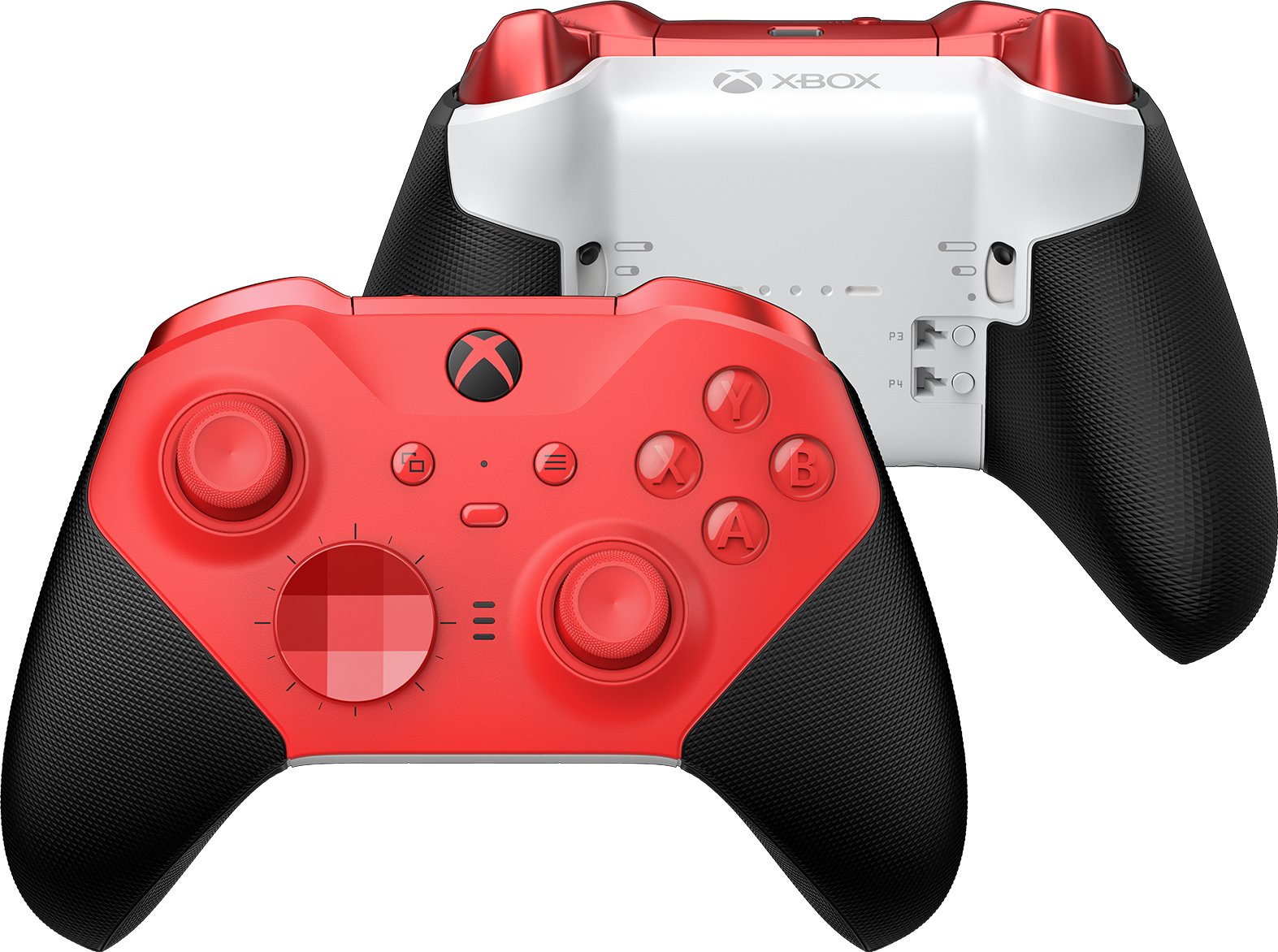 Roter und schwarzer Xbox-Controller. Weißer Rücken, rote Vorderseite. Zwei Controller auf schwarzem Hintergrund.