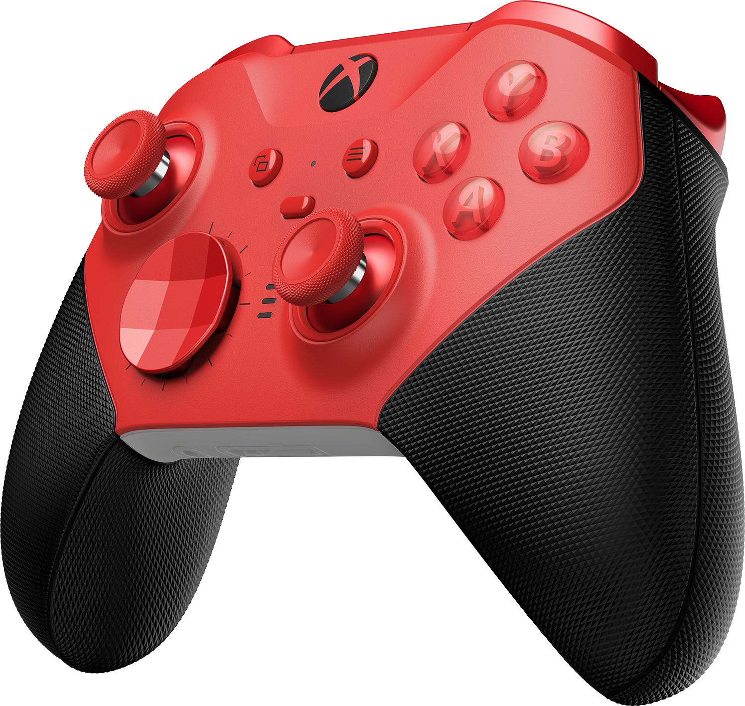 Roter Xbox-Controller mit schwarzen Griffen und Knöpfen. Vor schwarzem Hintergrund.
