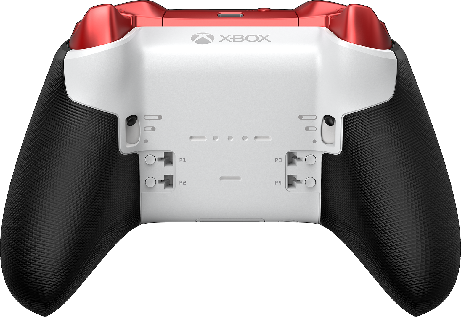 Rückansicht eines roten, weißen und schwarzen Xbox-Controllers. Das Xbox-Logo ist sichtbar.