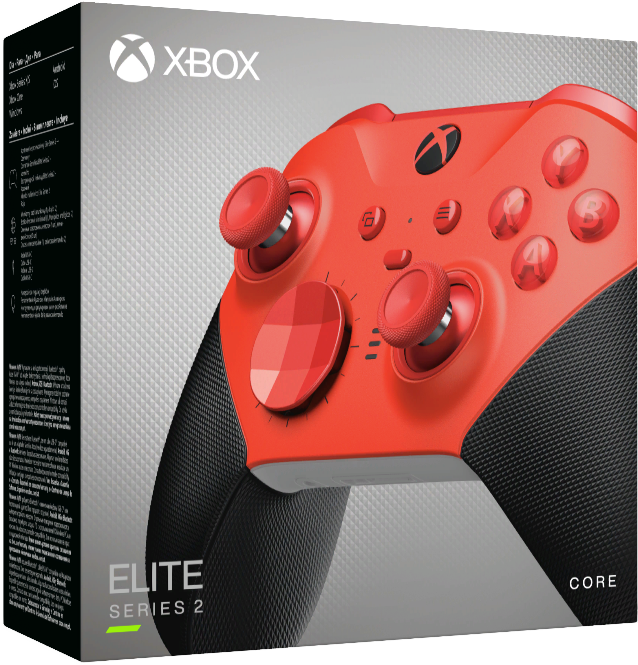 Ein Xbox Elite Series 2 Controller in seiner Box. Der Controller ist rot und schwarz.