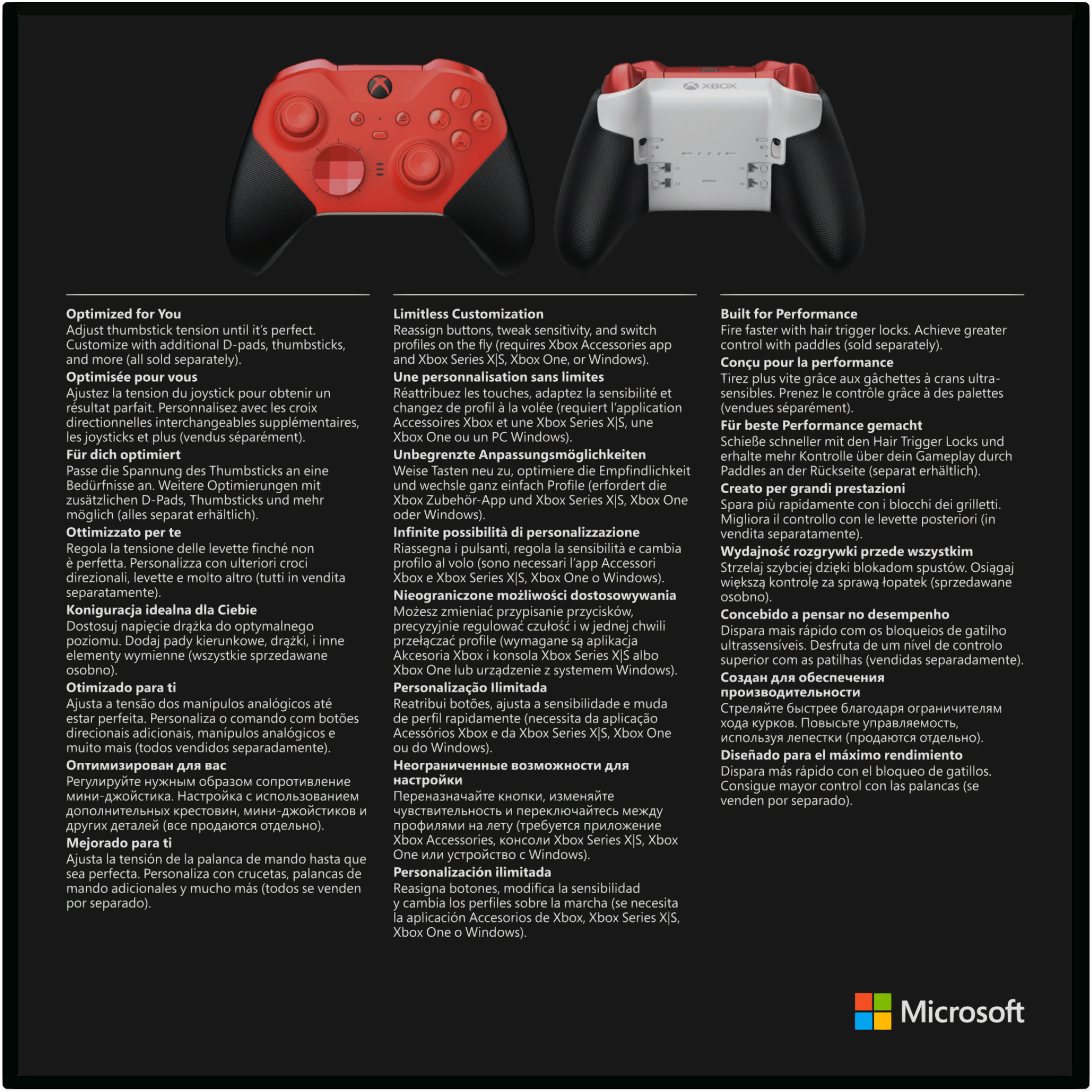 Roter und weißer Xbox-Controller mit Produktinformationstext.