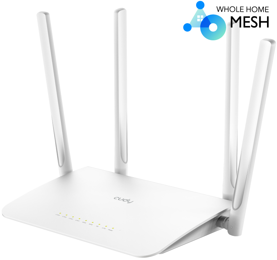 Fehér router négy antennával, a "cudy" szó a fronton.