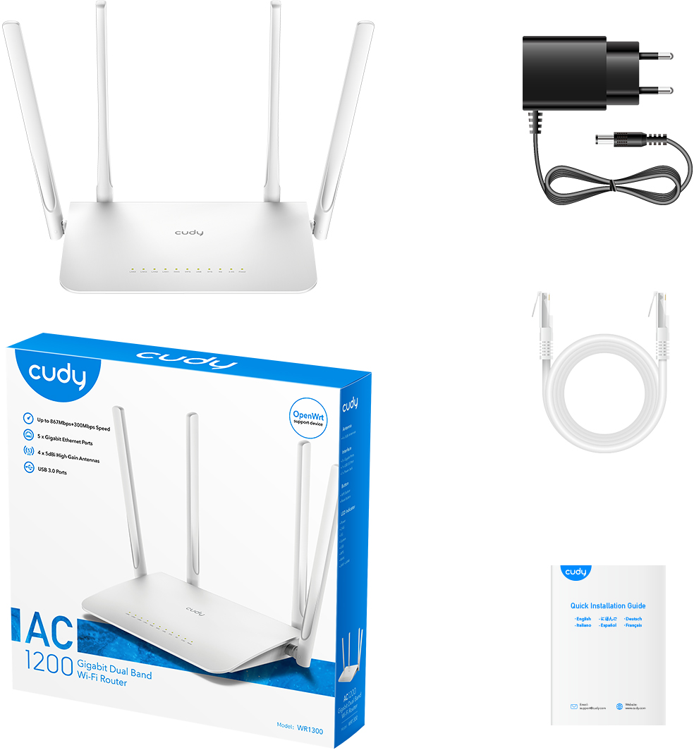 Fehér Cudy Wi-Fi router, doboz router képpel, hálózati adapterrel, kábellel és gyors útmutatóval.