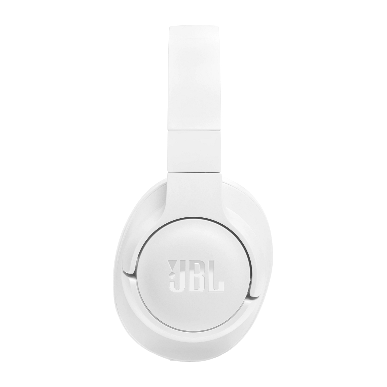 Weißer JBL-Kopfhörer mit großem, kreisförmigem Ohrmuscheldesign.