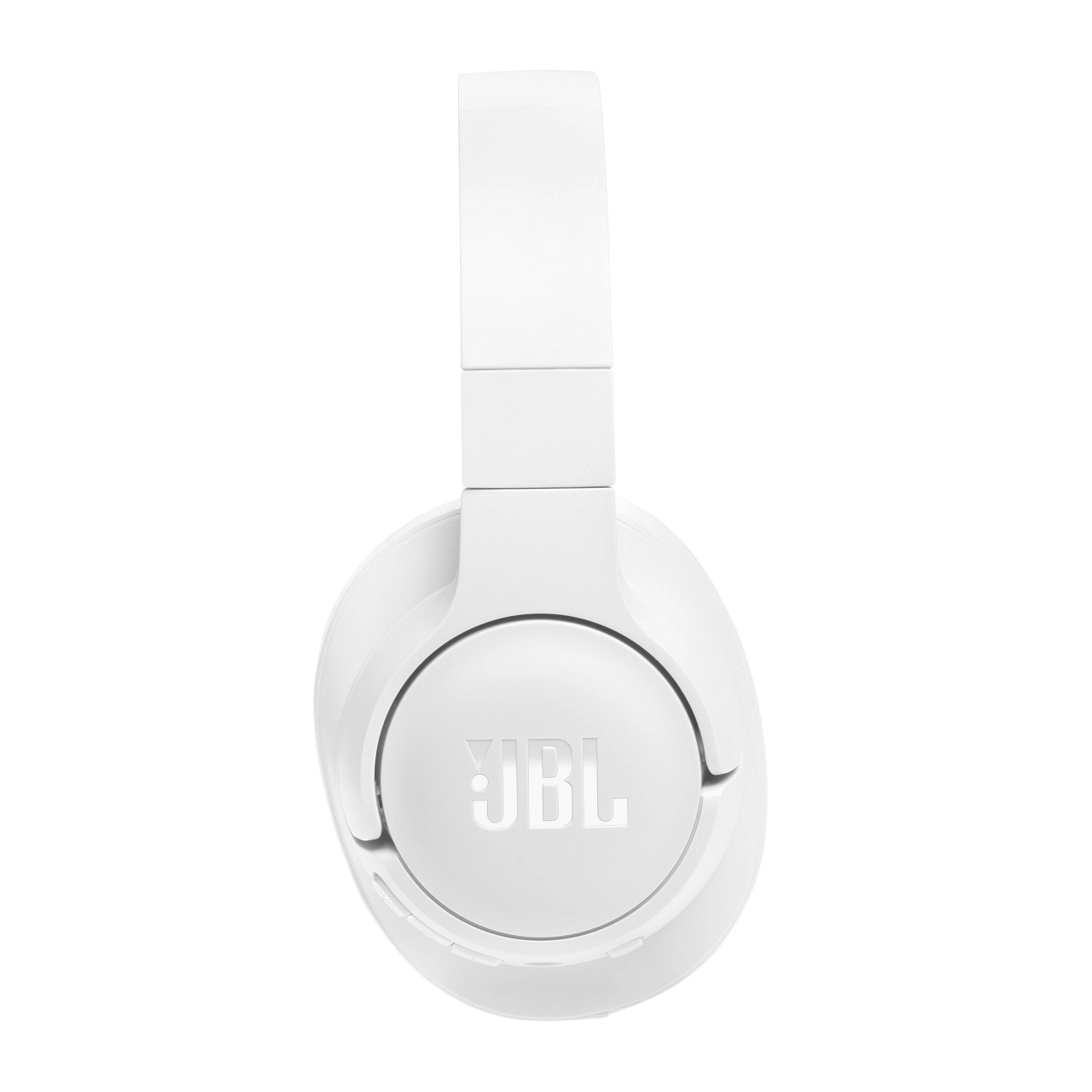 Weiße JBL-Kopfhörer, Draufsicht, zeigt Ohrmuscheln und JBL-Logo.