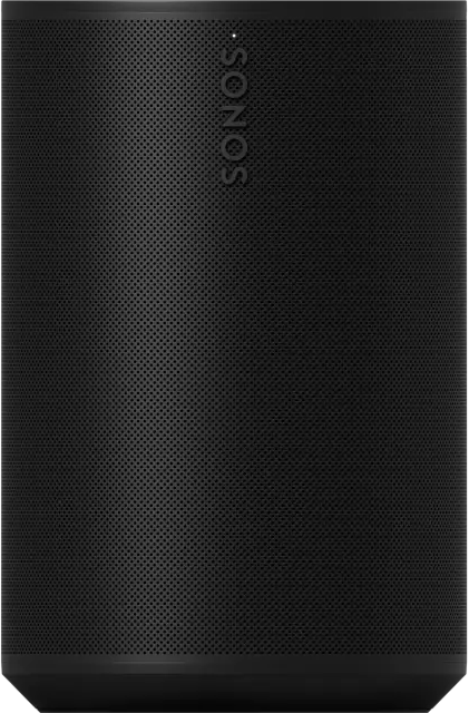 Fekete Sonos hangszóró perforált felülettel és fehér márkajelzéssel.
