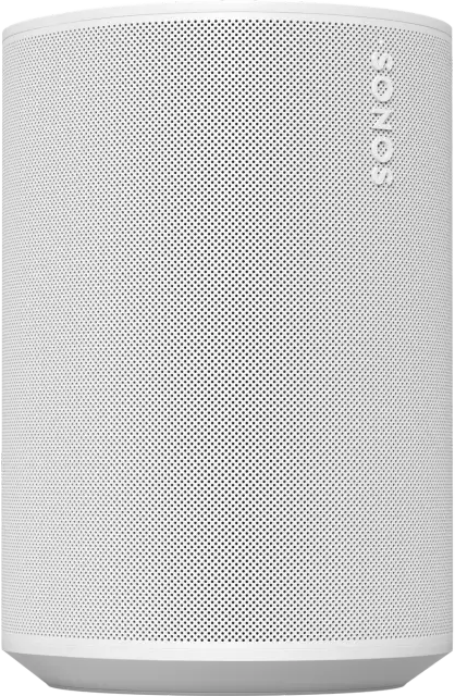 Egy fehér Sonos hangszóró. Hengeres alakú, a felületén sok apró lyukkal.