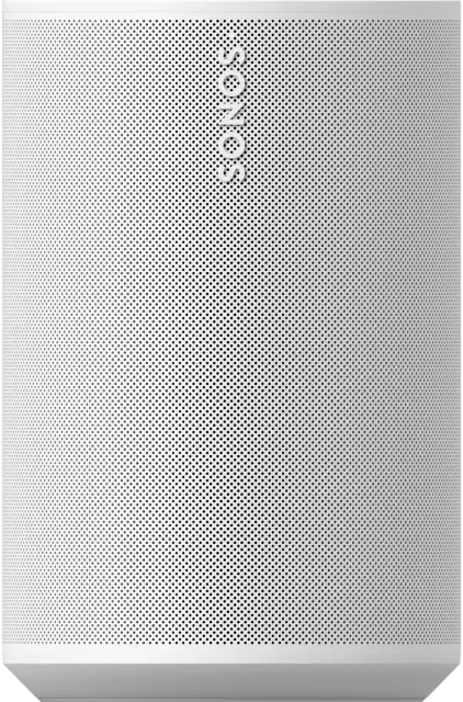Fehér Sonos hangszóró, perforált felület, Sonos logóval a tetején.