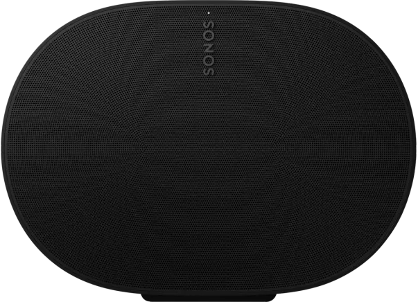 Fekete Sonos hangszóró, kör alakú kialakítással és hangszóróráccsal.