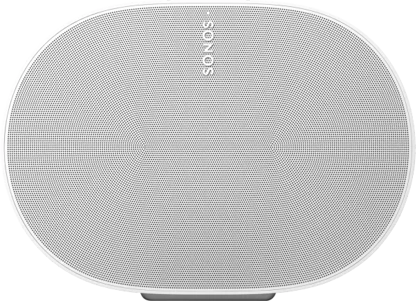 Fehér Sonos hangszóró. Ovális alakú, perforált elülső résszel.
