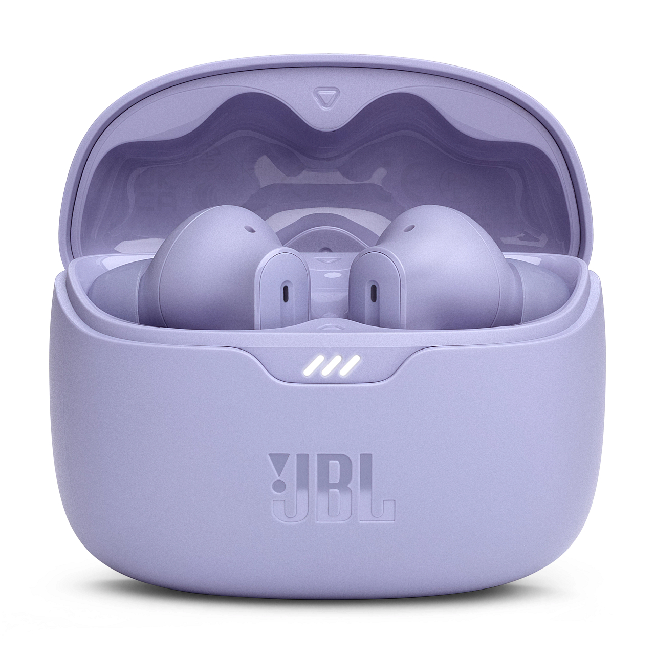Ein Paar lila JBL kabellose Ohrhörer in ihrem Ladecase. Das Case ist geöffnet.