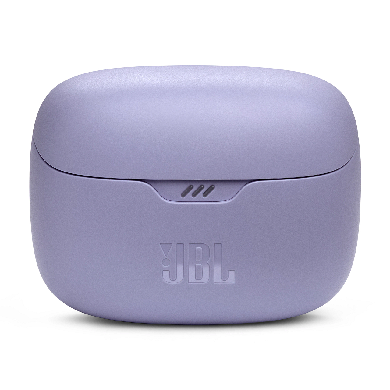 Ein lavendelfarbenes JBL-Kopfhörer-Etui mit JBL-Logo, geschlossen, bereit zur Aufbewahrung der Ohrhörer.