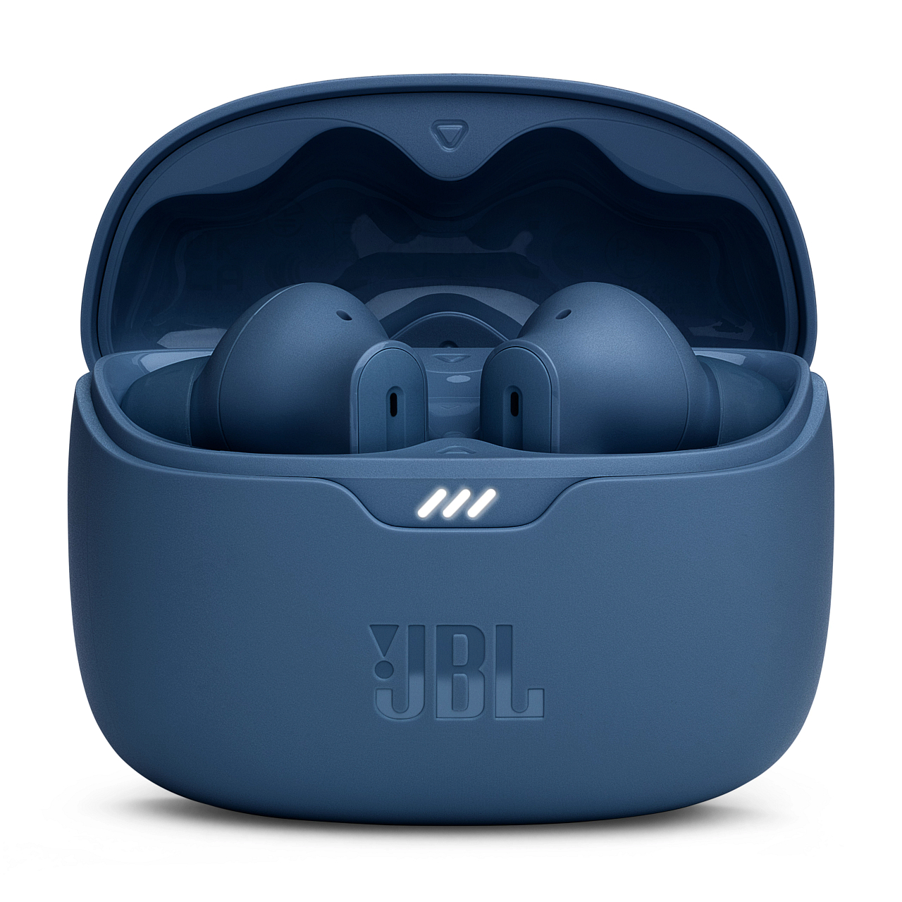 Blaue Ohrhörer in einem blauen Ladeetui. Das Etui hat drei weiße Lichter und ein Logo.