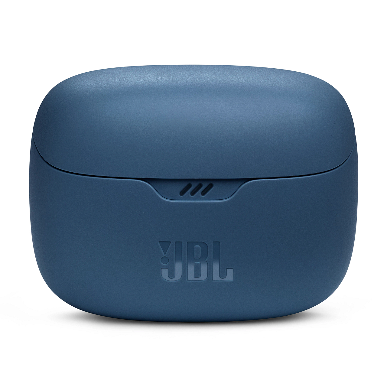 Blaues JBL-Ohrhörer-Ladecase mit geprägtem JBL-Logo.