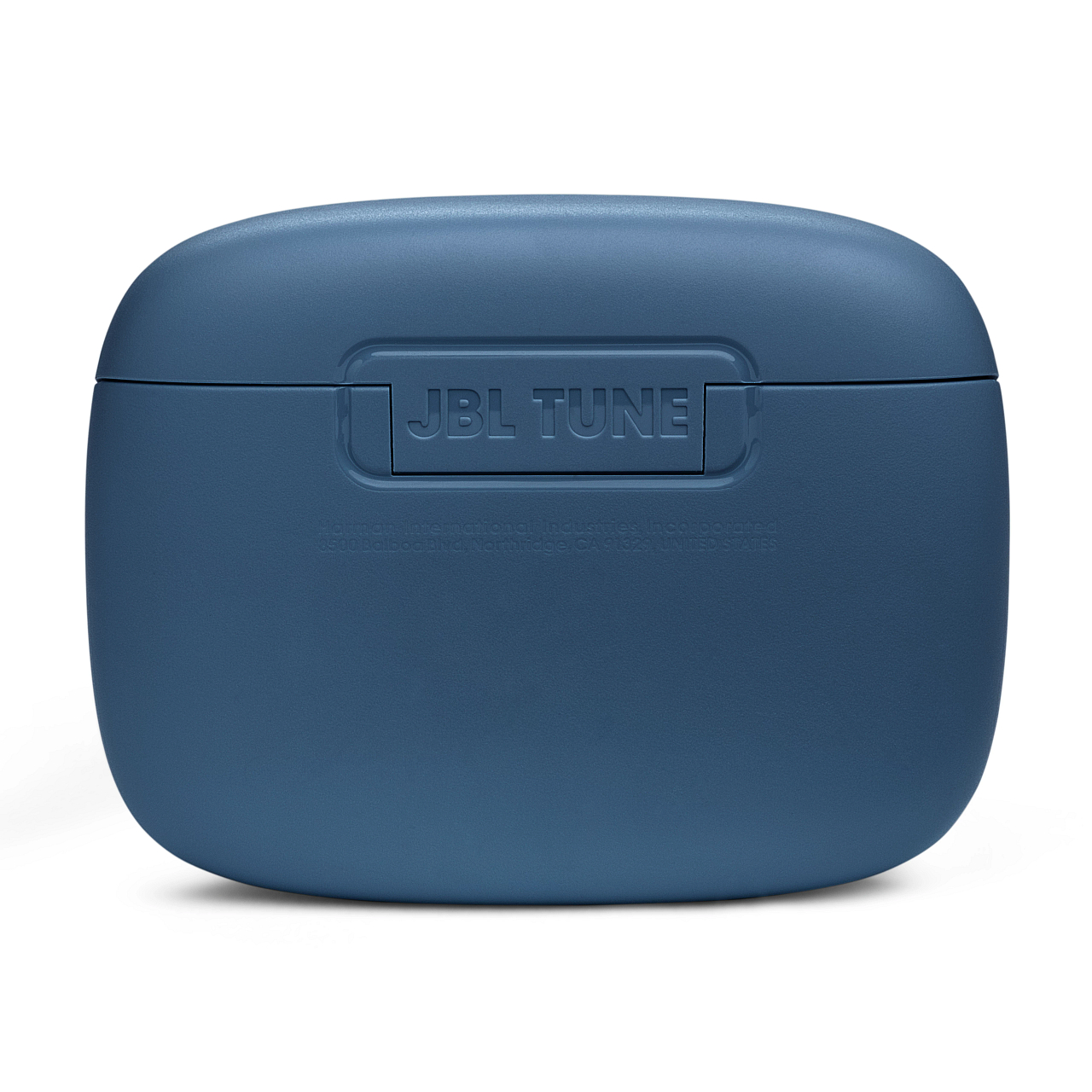 Ein blaues JBL Tune Kopfhörer-Etui, mit dem Markennamen oben und weißem Hintergrund.