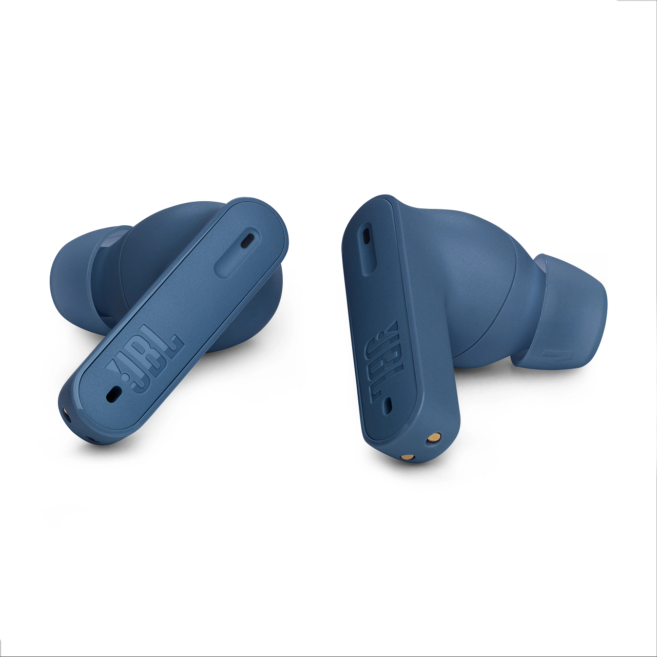 Zwei blaue JBL-Ohrhörer. Jeder hat das JBL-Logo.