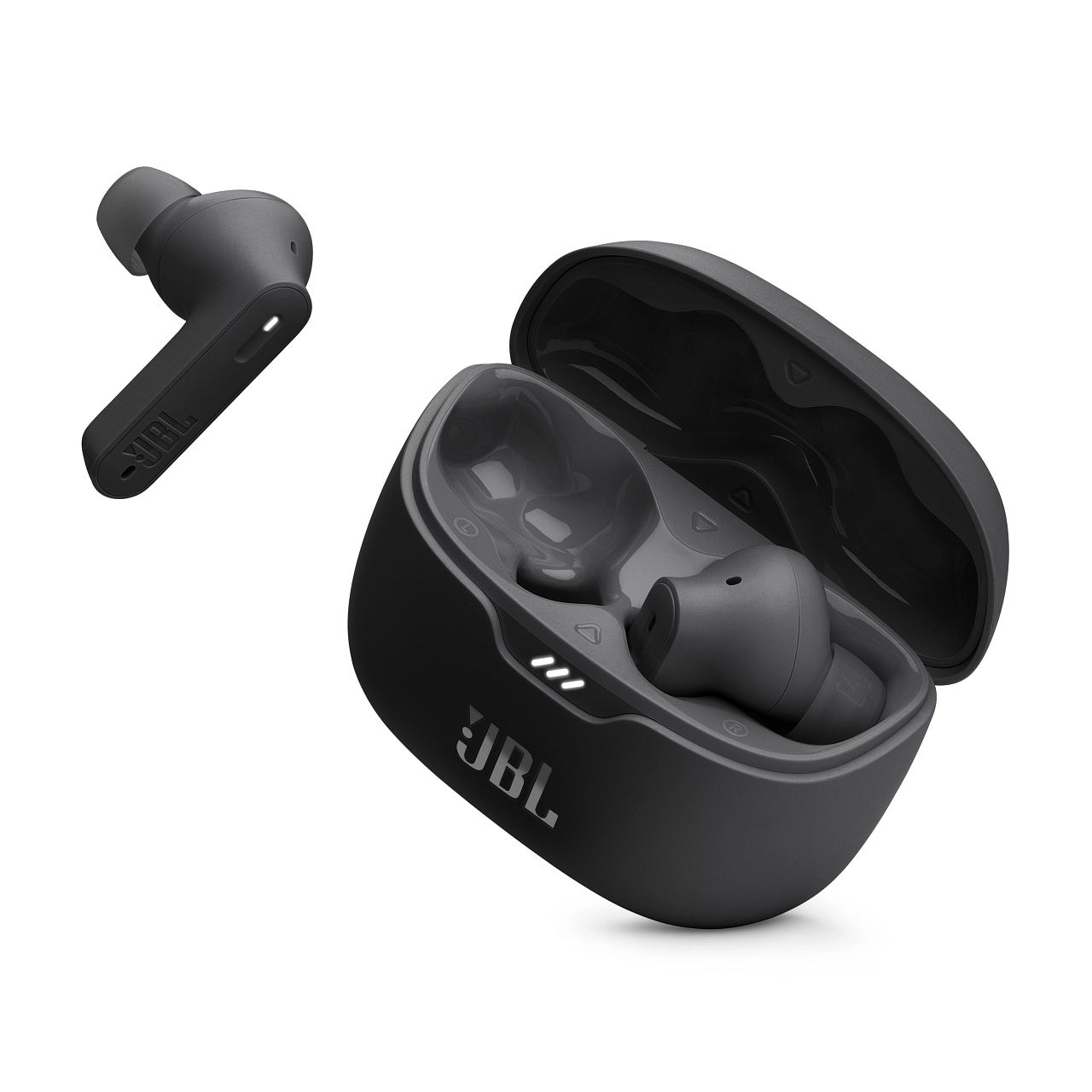 Schwarze kabellose JBL-Ohrhörer und Ladecase, weißer Hintergrund.