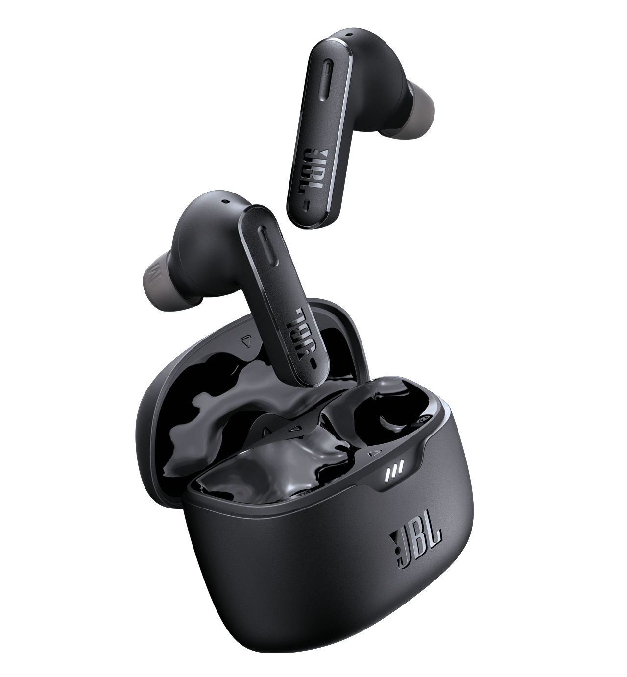 Schwarze JBL-Ohrhörer, offenes Gehäuse und ein Ohrhörer in der Luft.