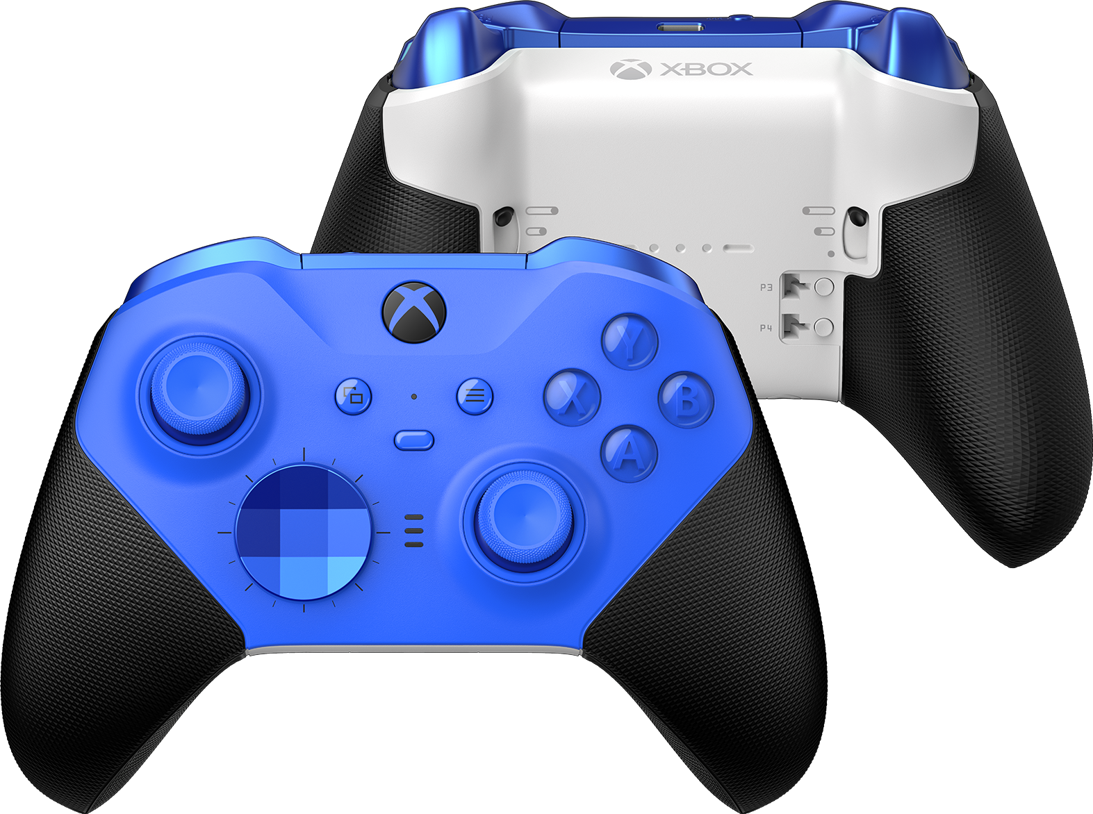 Controller Xbox blu e nero, vista anteriore e posteriore.