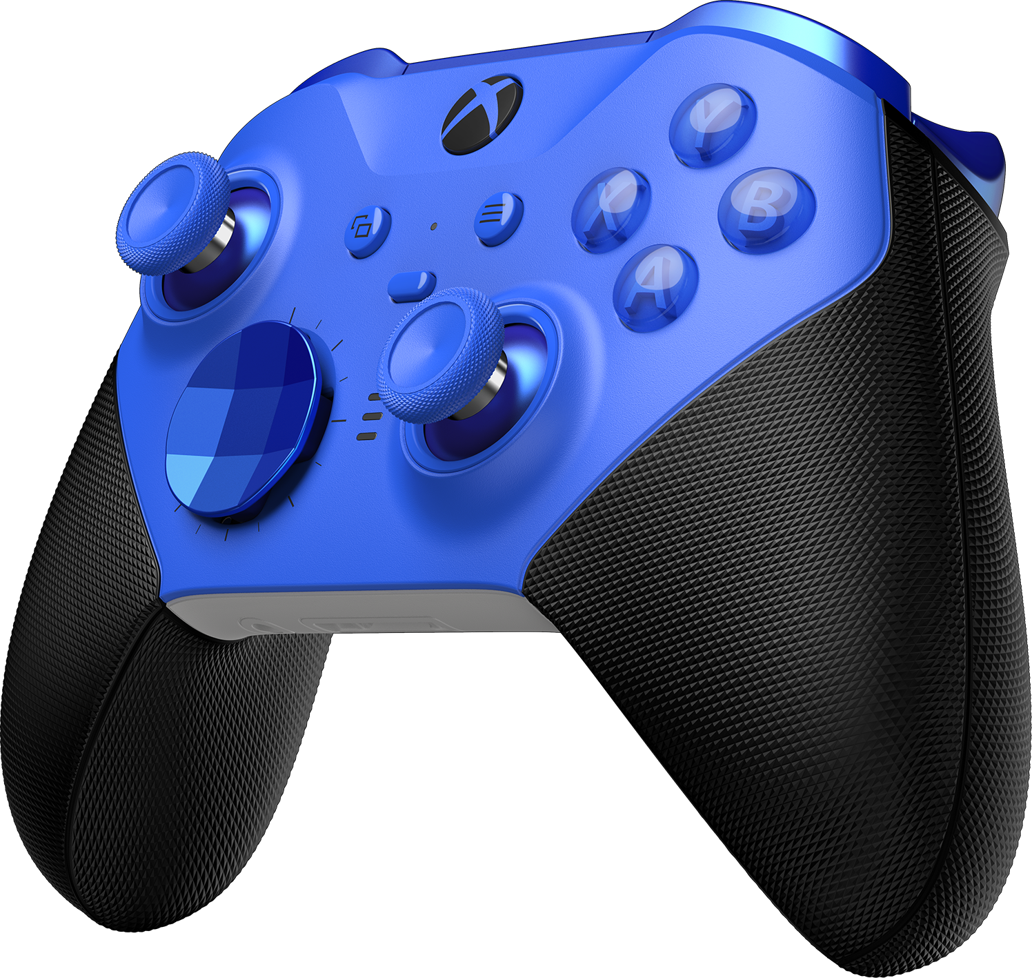 Un controller Xbox blu con impugnature nere. Ha pulsanti e due joystick sulla parte superiore.