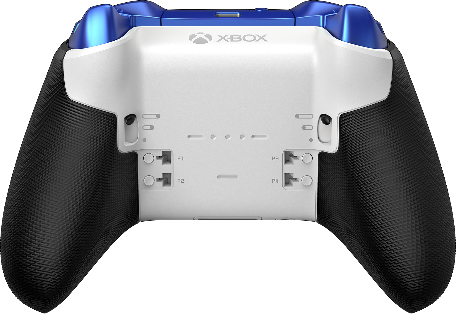 Retro di un controller Xbox Elite Series 2 bianco e blu. Quattro levette sono visibili sul retro.