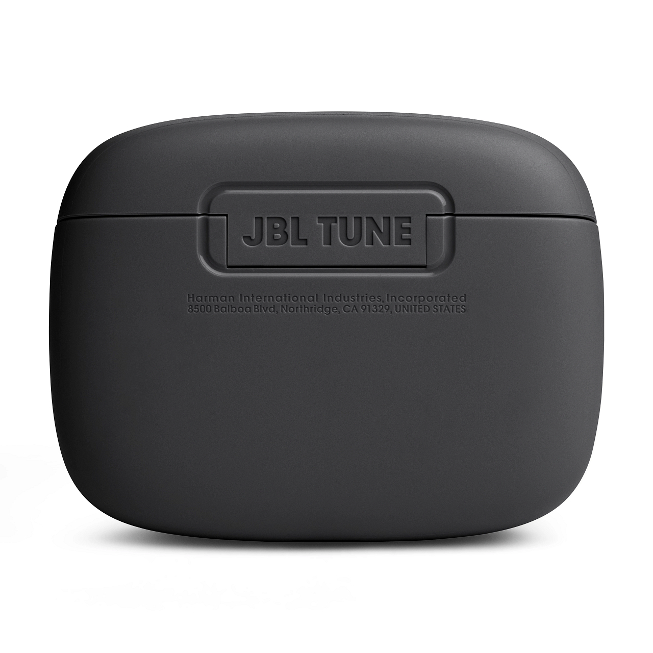 Ein schwarzes JBL TUNE Kopfhörer-Etui. Das Etui hat den Text JBL TUNE und Unternehmensinformationen.