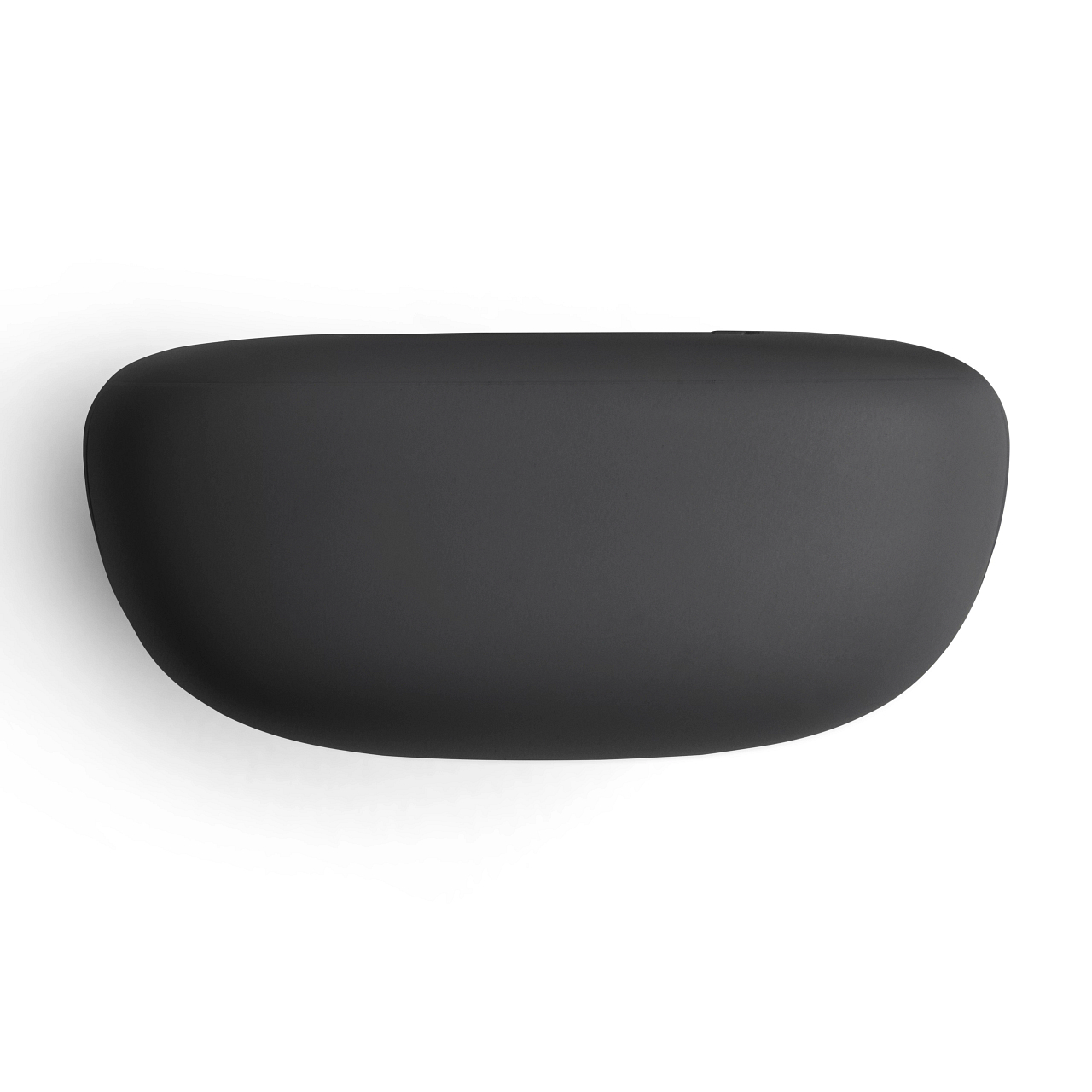 Ein schwarzer, oval geformter Lautsprecher mit glatter Oberfläche, isoliert auf weißem Hintergrund.