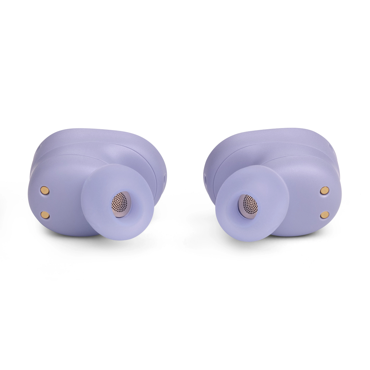 Zwei flach liegende, lila JBL-Ohrhörer, die das Design des Innenohrhörers zeigen.