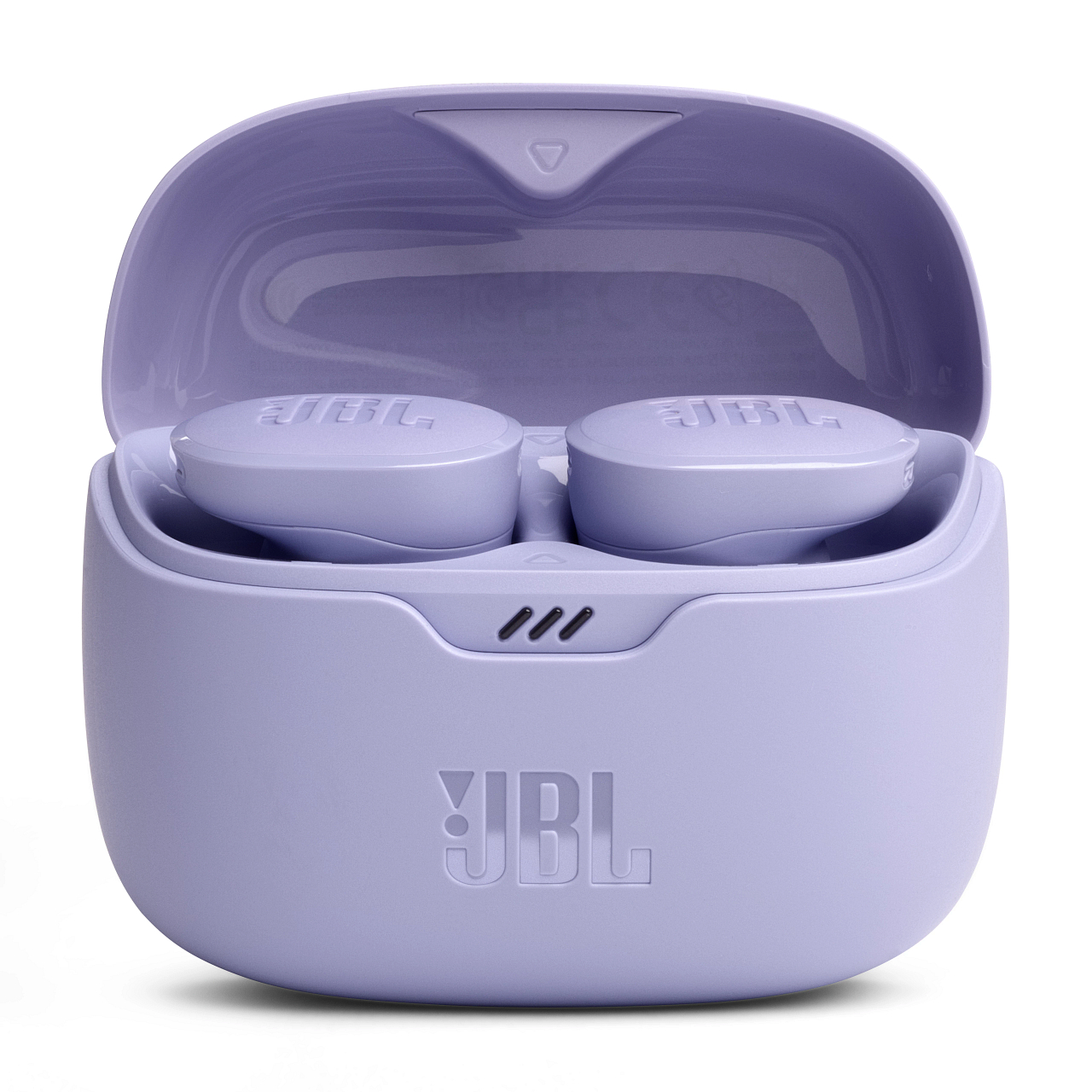 Lila JBL kabellose Ohrhörer in ihrem Ladecase, auf weißem Hintergrund.