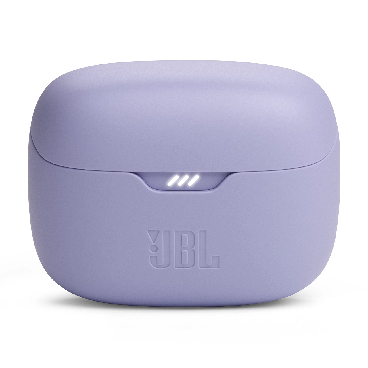 Lavendelfarbenes JBL-Kopfhörer-Etui, weißer Hintergrund, drei weiße Lichter.