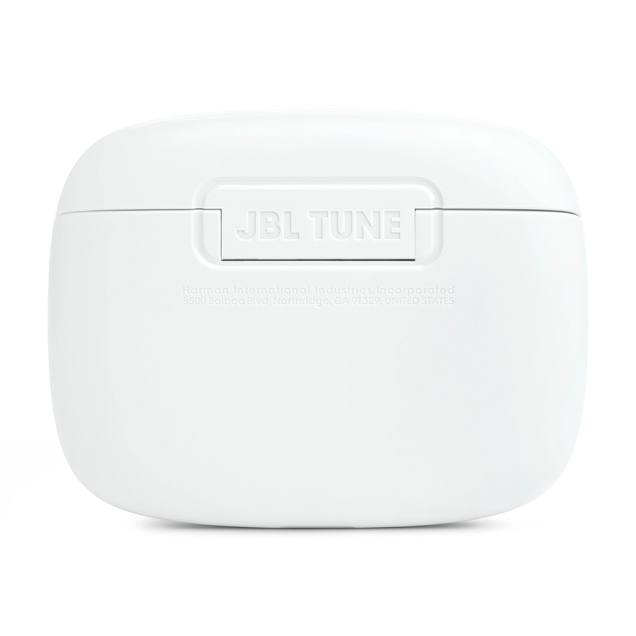 Weißes JBL Tune-Kopfhörer-Etui. Es ist rechteckig mit Deckel und JBL-Logo. Die Oberfläche ist glatt.