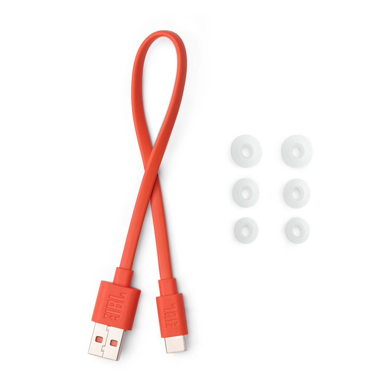 Rotes Ladekabel mit JBL-Logo, mit weißen Ohrhörerspitzen.