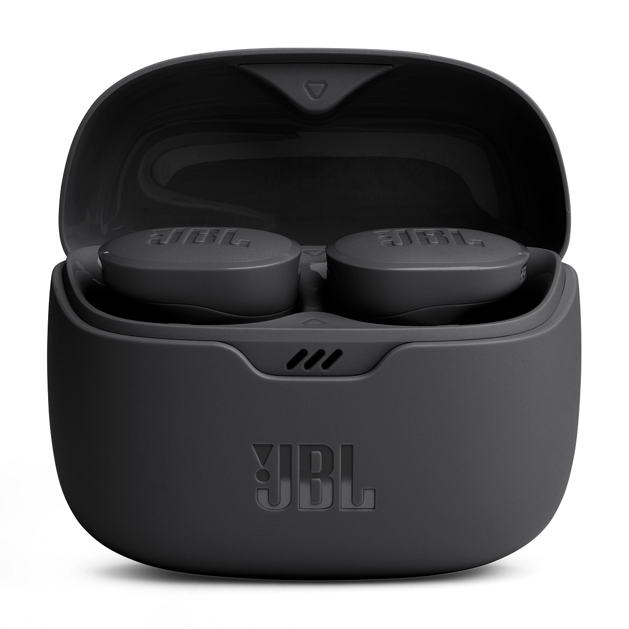Schwarze kabellose Ohrhörer in ihrem Ladecase. Das Case hat das JBL-Logo.