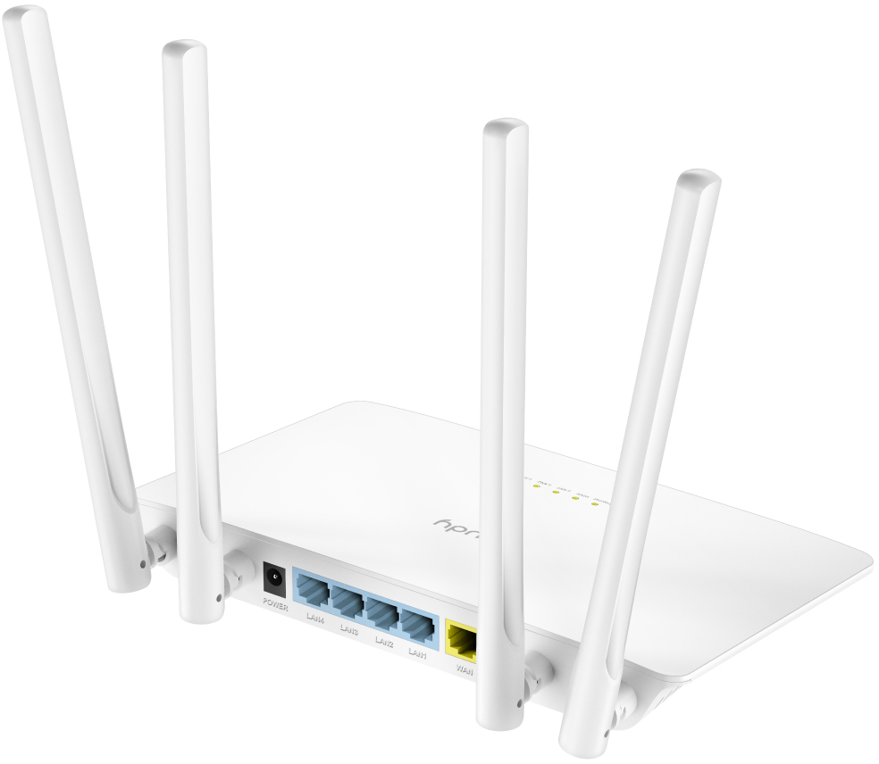Fehér router 4 antennával. A hátoldalon portok, tápellátás és jelzőfények találhatók.